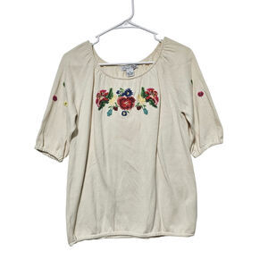 RXB Blouse Embroidered Floral Ivory Knitted Cotton Women's Size Small